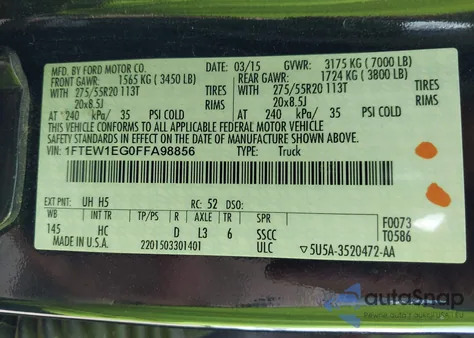 2015 Ford F-150 Lariat из США, поврежденный, VIN 1FTEW1EG0FFA98856